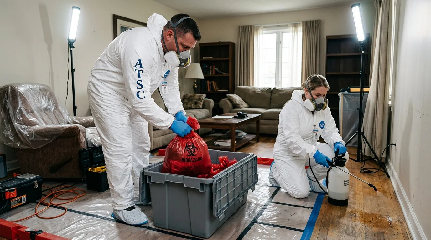 Professional Hoarding Cleanup technician in full PPE working in Hilton